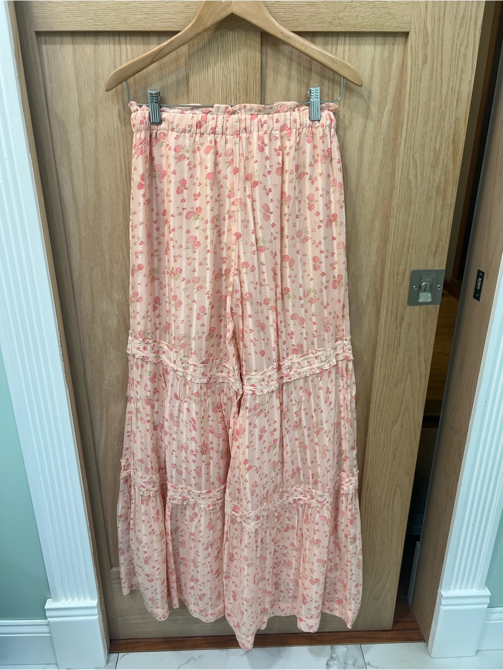 Free People Peach Floral Tiered Boho Wide-Leg Pants - Picture 2 of 7